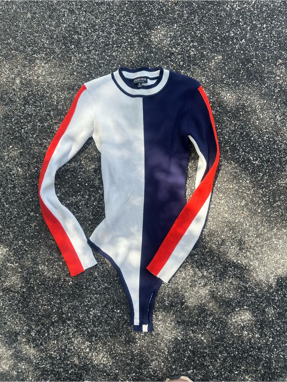 Fashion Nova Navy, White & Red Colorblock Ribbed Long Sleeve One-Piece Bodysuit